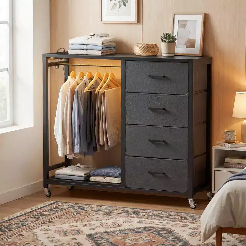 Besiost Clothes Rack, Dressers with Charging Station and Led Light, 4 Drawers Dresser for Bedroom