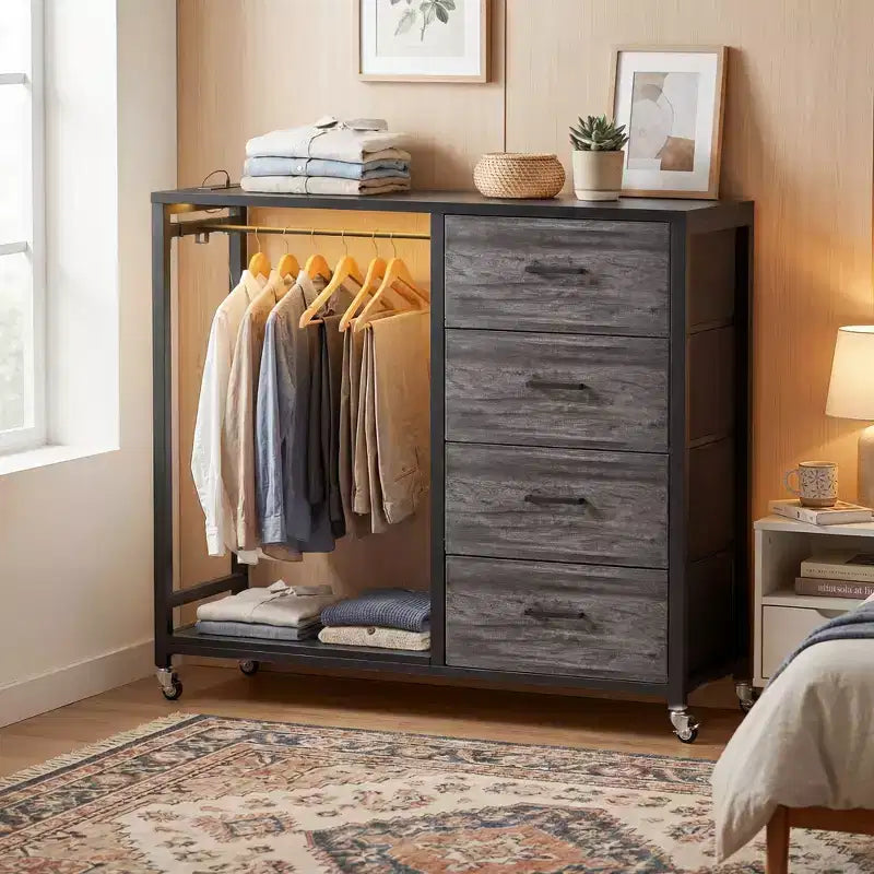 Portant à vêtements, commodes avec station de charge et éclairage LED, commode à 4 tiroirs pour chambre à coucher