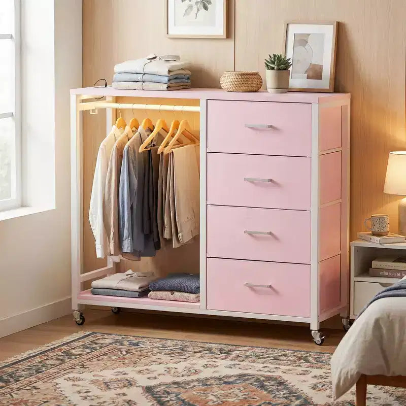 Portant à vêtements, commodes avec station de charge et éclairage LED, commode à 4 tiroirs pour chambre à coucher
