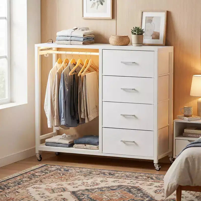 Portant à vêtements, commodes avec station de charge et éclairage LED, commode à 4 tiroirs pour chambre à coucher
