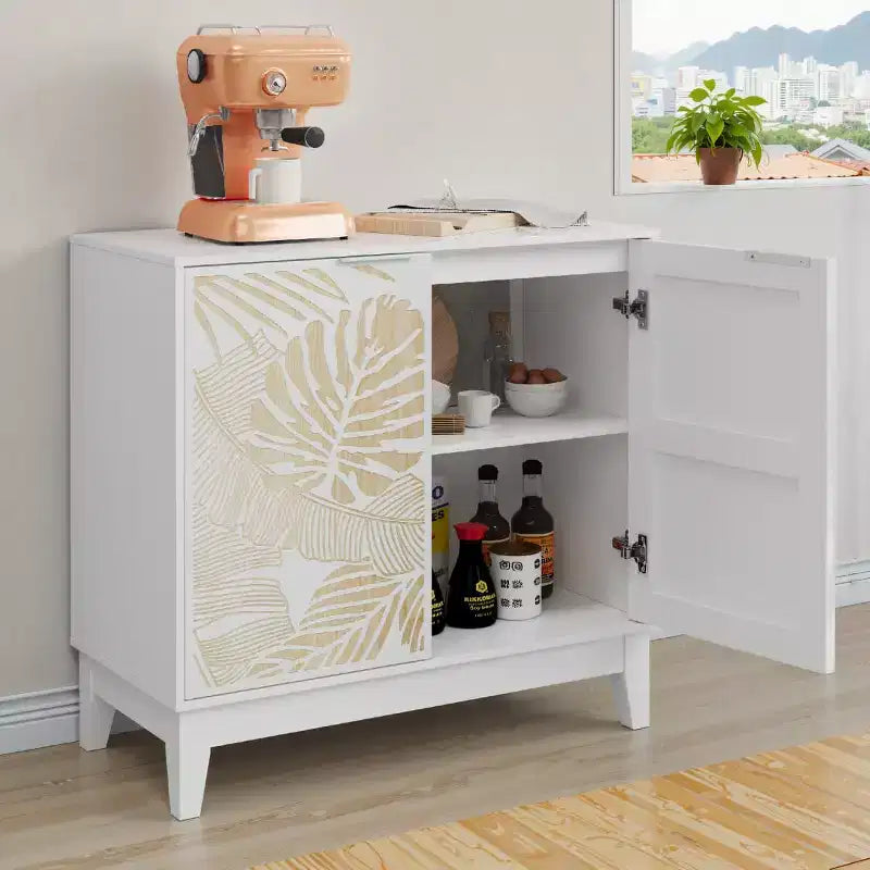 Buffet avec portes sculptées 31,5 po de largeur, meuble de rangement décoratif avec étagères réglables