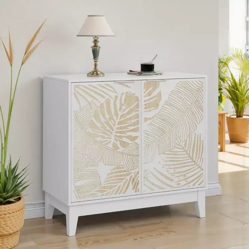 Buffet avec portes sculptées 31,5 po de largeur, meuble de rangement décoratif avec étagères réglables