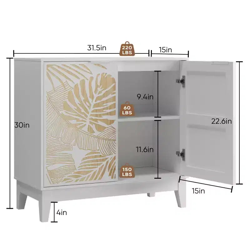 Buffet avec portes sculptées 31,5 po de largeur, meuble de rangement décoratif avec étagères réglables