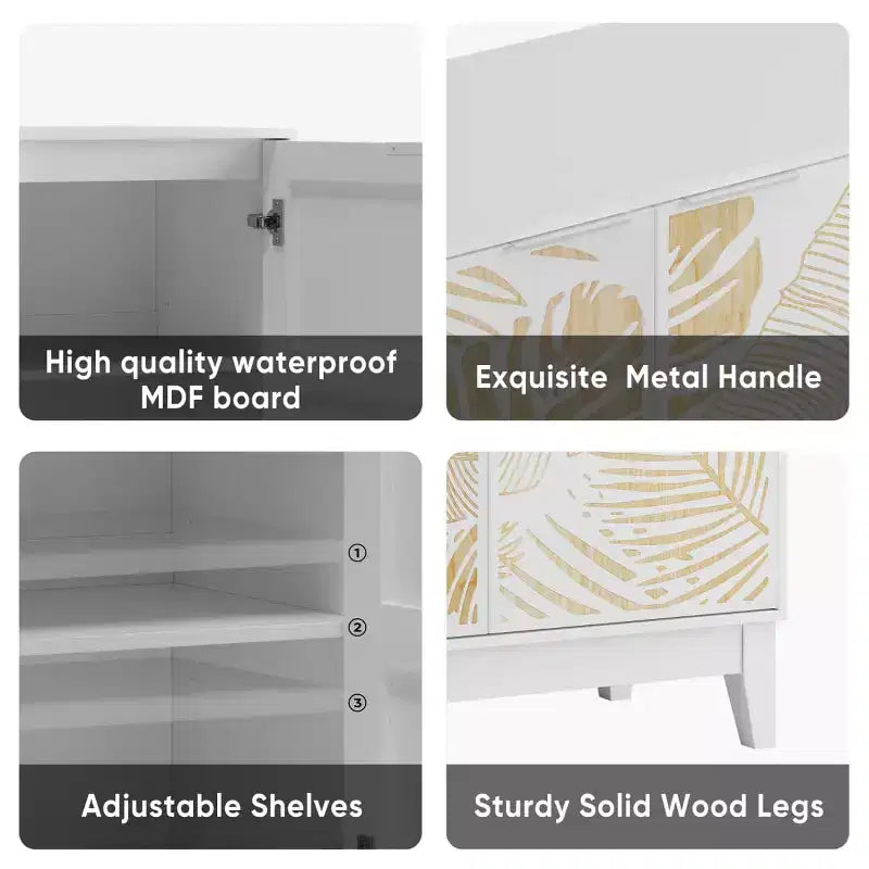 Buffet avec portes sculptées 31,5 po de largeur, meuble de rangement décoratif avec étagères réglables