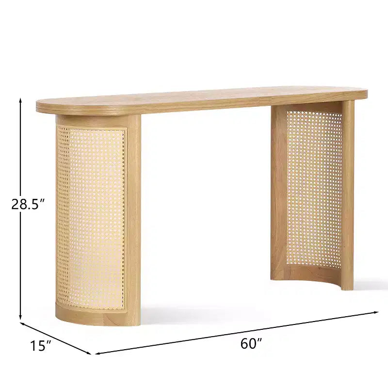 Console ovale de 152 cm avec pieds en cannage, Table de canapé étroite moderne pour entrée, salon et hall