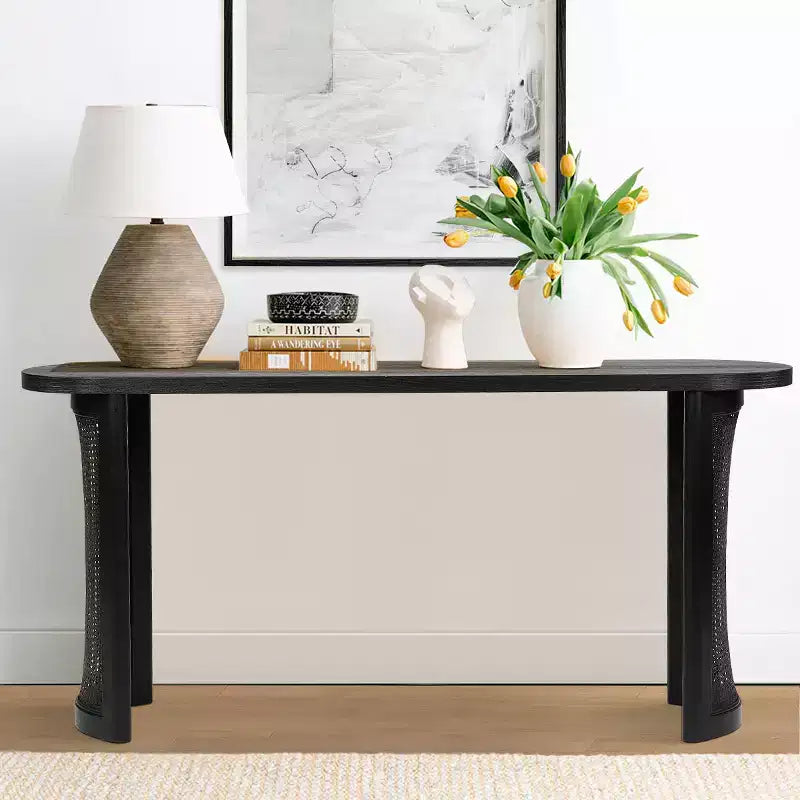 Console ovale de 152 cm avec pieds en cannage, Table de canapé étroite moderne pour entrée, salon et hall