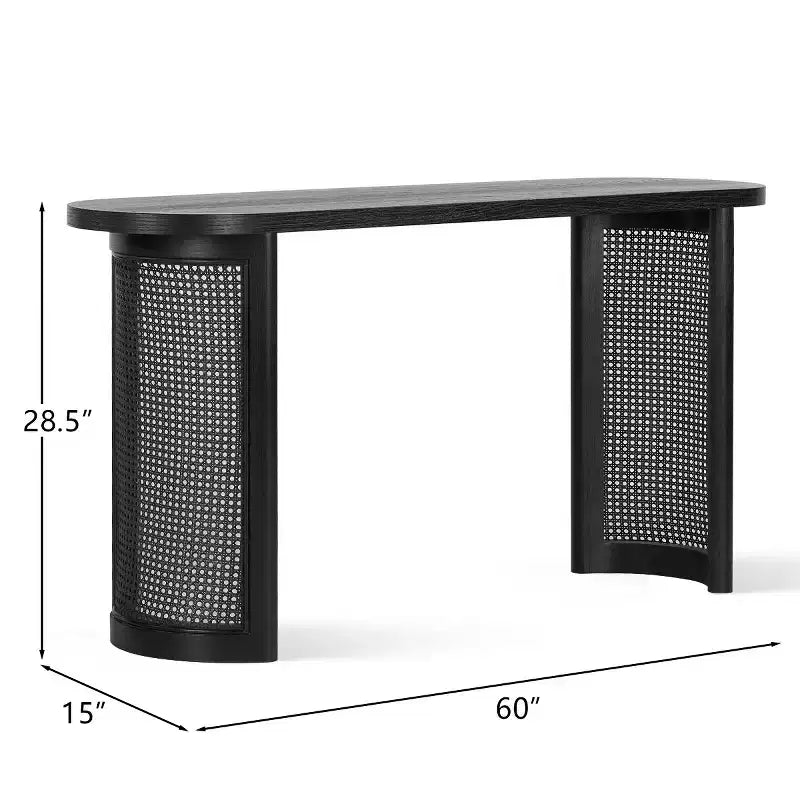 Console ovale de 152 cm avec pieds en cannage, Table de canapé étroite moderne pour entrée, salon et hall