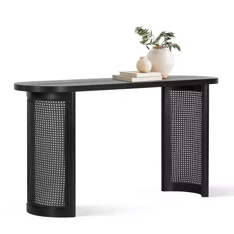 Console ovale de 152 cm avec pieds en cannage, Table de canapé étroite moderne pour entrée, salon et hall