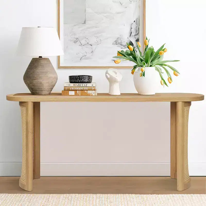 Console ovale de 152 cm avec pieds en cannage, Table de canapé étroite moderne pour entrée, salon et hall