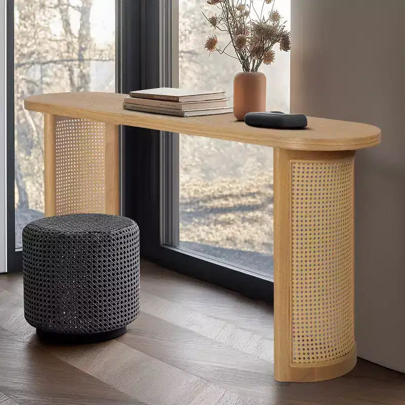 Console ovale de 152 cm avec pieds en cannage, Table de canapé étroite moderne pour entrée, salon et hall