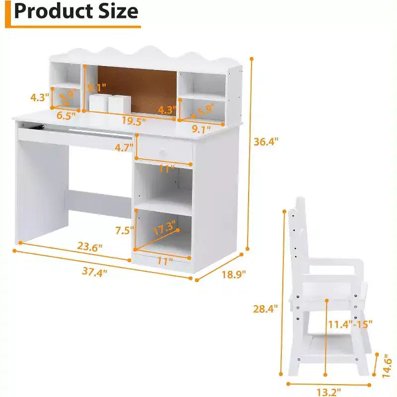 Kids Desk and Chair Set, Adjustable Study Table with Hutch, Student Desk with Cork Board, Keyboard Tray & Storage, White Study Furniture for Children