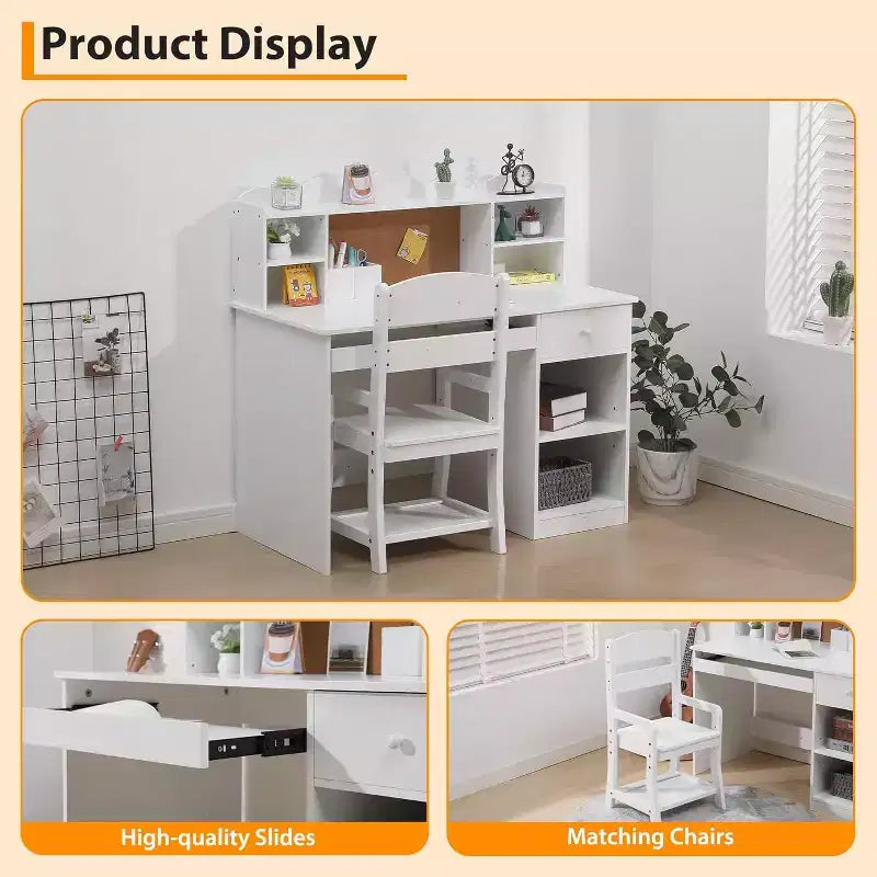 Kids Desk and Chair Set, Adjustable Study Table with Hutch, Student Desk with Cork Board, Keyboard Tray & Storage, White Study Furniture for Children