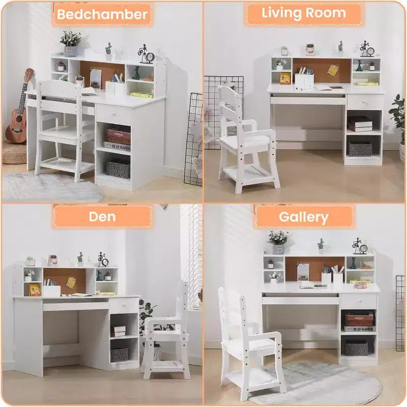 Kids Desk and Chair Set, Adjustable Study Table with Hutch, Student Desk with Cork Board, Keyboard Tray & Storage, White Study Furniture for Children