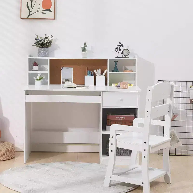 Kids Desk and Chair Set, Adjustable Study Table with Hutch, Student Desk with Cork Board, Keyboard Tray & Storage, White Study Furniture for Children