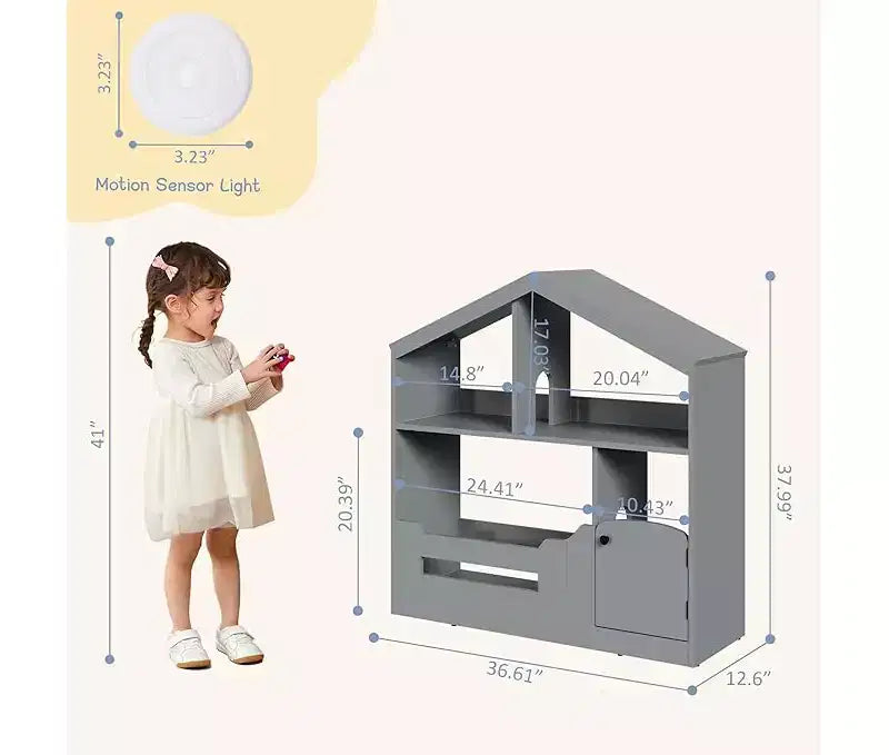 Bibliothèque pour enfants, Organisateur de rangement de jouets, Étagère à livres en bois pour tout-petits avec lumière à détecteur de mouvement pour enfants, Étagère à livres maison de poupée pour salle de jeux et chambre à coucher