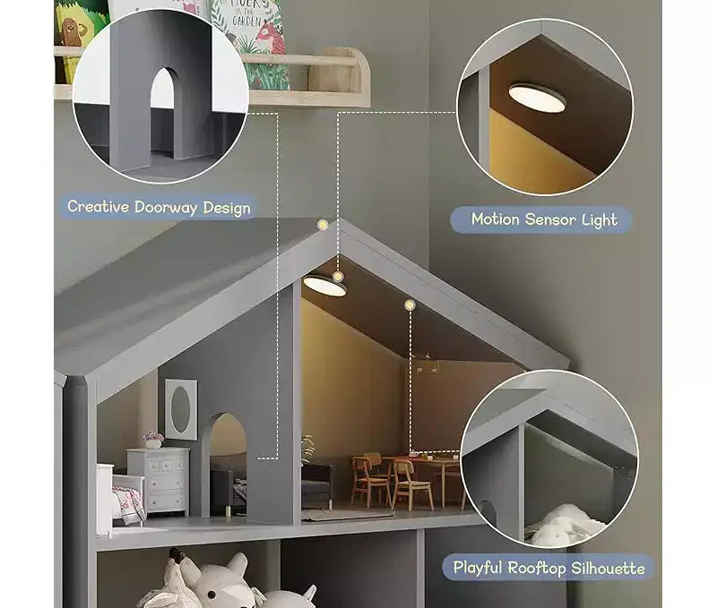 Bibliothèque pour enfants, Organisateur de rangement de jouets, Étagère à livres en bois pour tout-petits avec lumière à détecteur de mouvement pour enfants, Étagère à livres maison de poupée pour salle de jeux et chambre à coucher