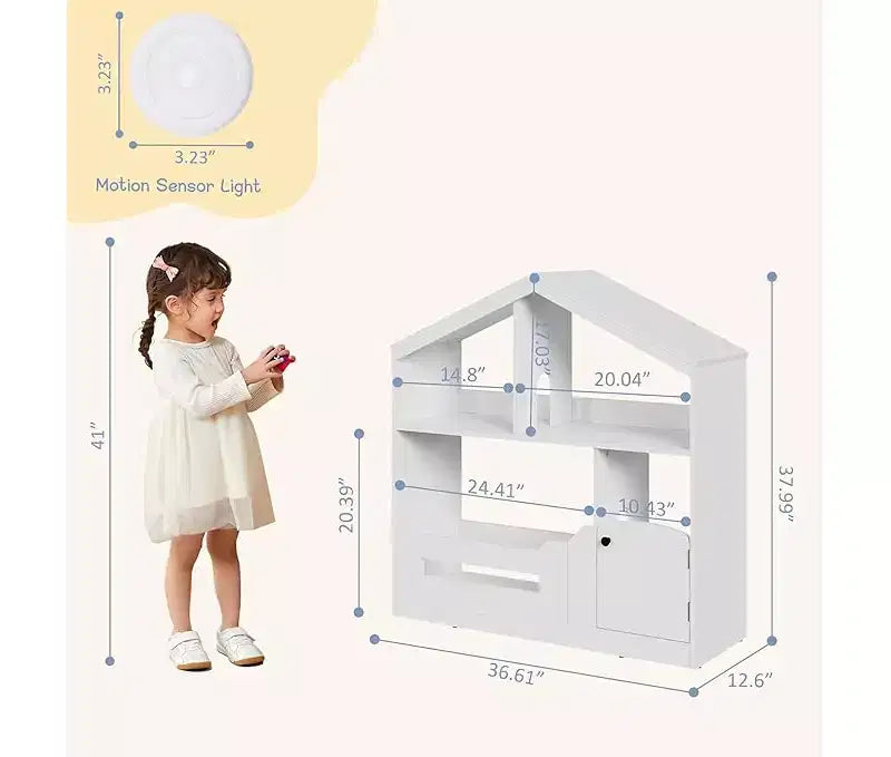 Bibliothèque pour enfants, Organisateur de rangement de jouets, Étagère à livres en bois pour tout-petits avec lumière à détecteur de mouvement pour enfants, Étagère à livres maison de poupée pour salle de jeux et chambre à coucher
