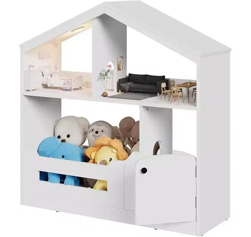Bibliothèque pour enfants, Organisateur de rangement de jouets, Étagère à livres en bois pour tout-petits avec lumière à détecteur de mouvement pour enfants, Étagère à livres maison de poupée pour salle de jeux et chambre à coucher