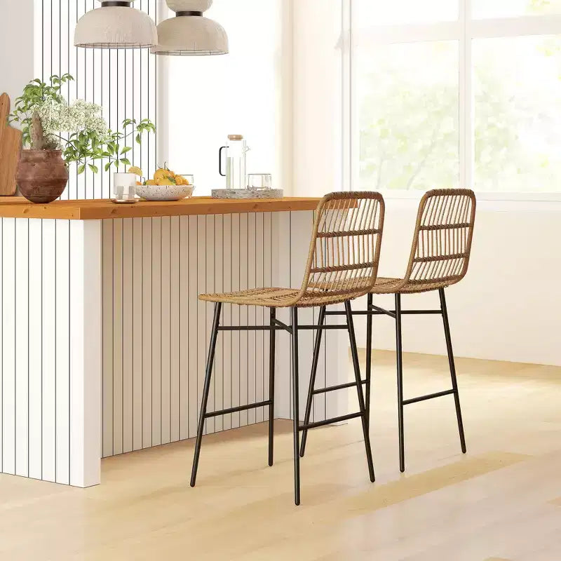 Tabourets de bar en rotin de 2, hauteur comptoir de 66 cm avec dossier, chaises de bar pour îlot de cuisine