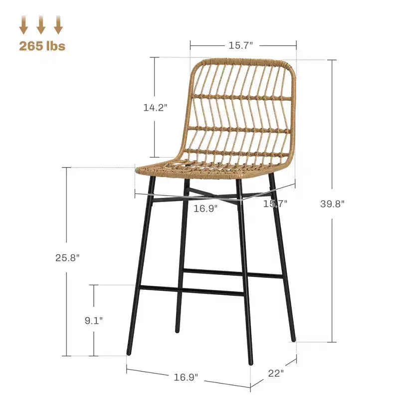 Tabourets de bar en rotin de 2, hauteur comptoir de 66 cm avec dossier, chaises de bar pour îlot de cuisine