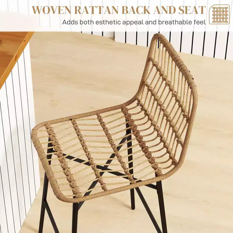 Tabourets de bar en rotin de 2, hauteur comptoir de 66 cm avec dossier, chaises de bar pour îlot de cuisine