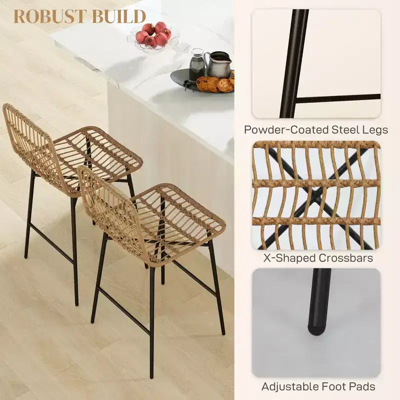 Tabourets de bar en rotin de 2, hauteur comptoir de 66 cm avec dossier, chaises de bar pour îlot de cuisine