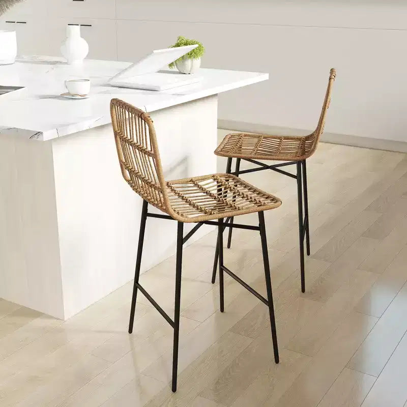 Tabourets de bar en rotin de 2, hauteur comptoir de 66 cm avec dossier, chaises de bar pour îlot de cuisine
