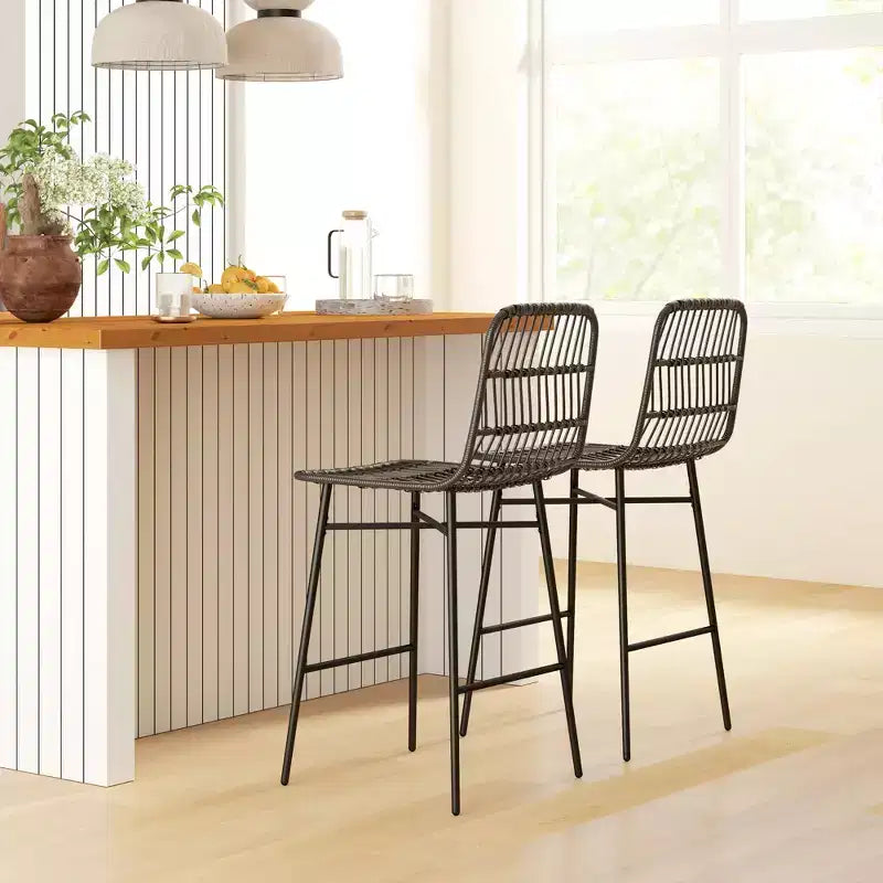 Tabourets de bar en rotin de 2, hauteur comptoir de 66 cm avec dossier, chaises de bar pour îlot de cuisine