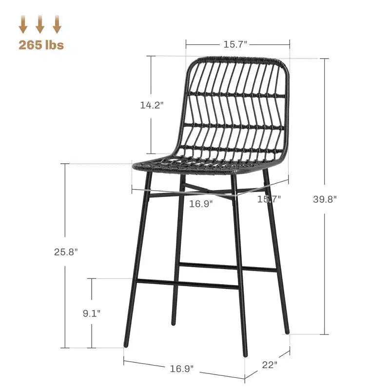 Tabourets de bar en rotin de 2, hauteur comptoir de 66 cm avec dossier, chaises de bar pour îlot de cuisine