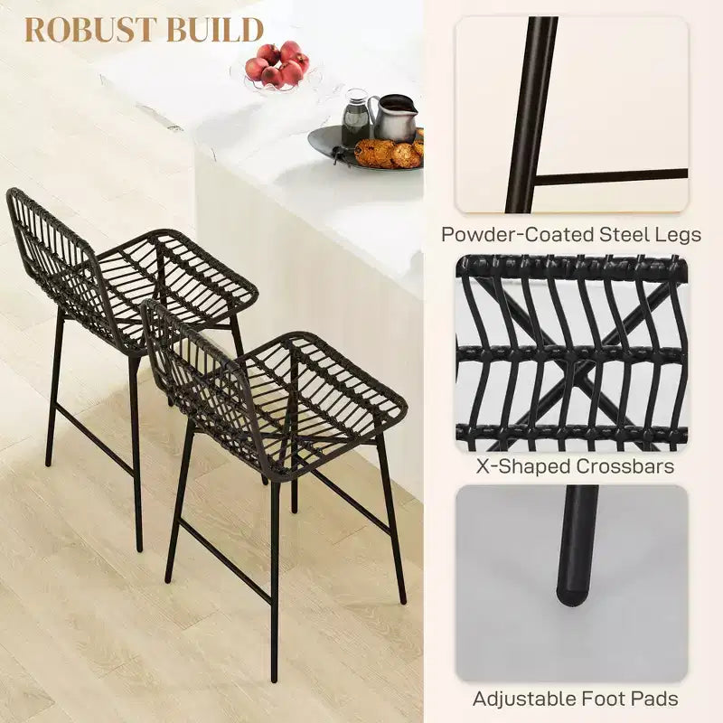 Tabourets de bar en rotin de 2, hauteur comptoir de 66 cm avec dossier, chaises de bar pour îlot de cuisine