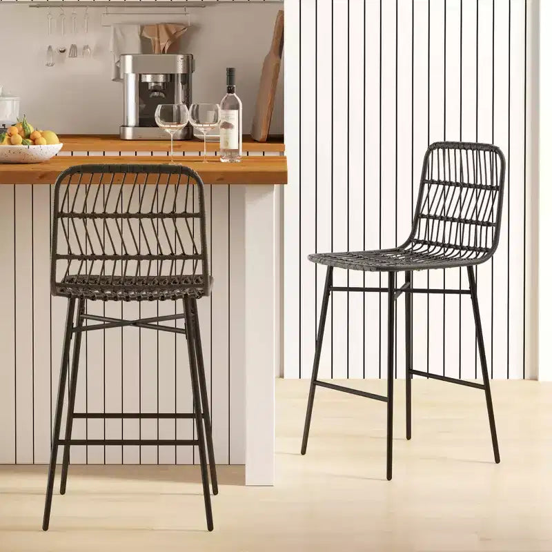 Tabourets de bar en rotin de 2, hauteur comptoir de 66 cm avec dossier, chaises de bar pour îlot de cuisine