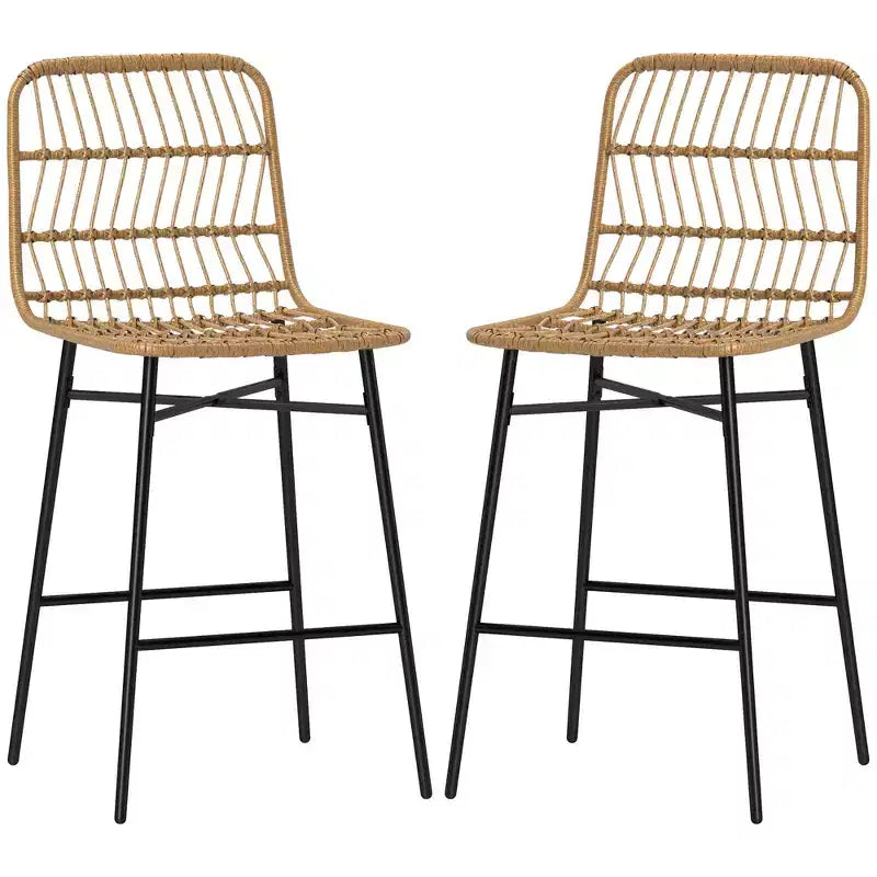 Tabourets de bar en rotin de 2, hauteur comptoir de 66 cm avec dossier, chaises de bar pour îlot de cuisine