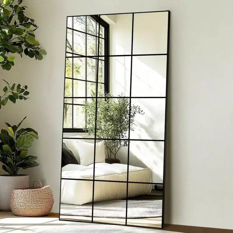 28 inchx 55 inch black metal framed wall mirror for bedroom living room entryway decorative window pane style wall mounted