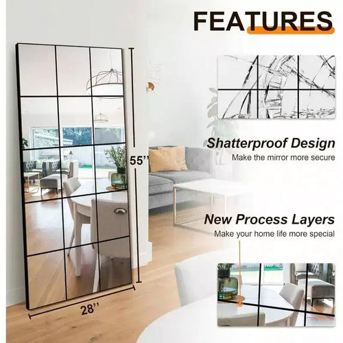 Miroir mural à cadre en métal noir de 71 x 140 cm, style carreaux de fenêtre, pour chambre, salon, entrée