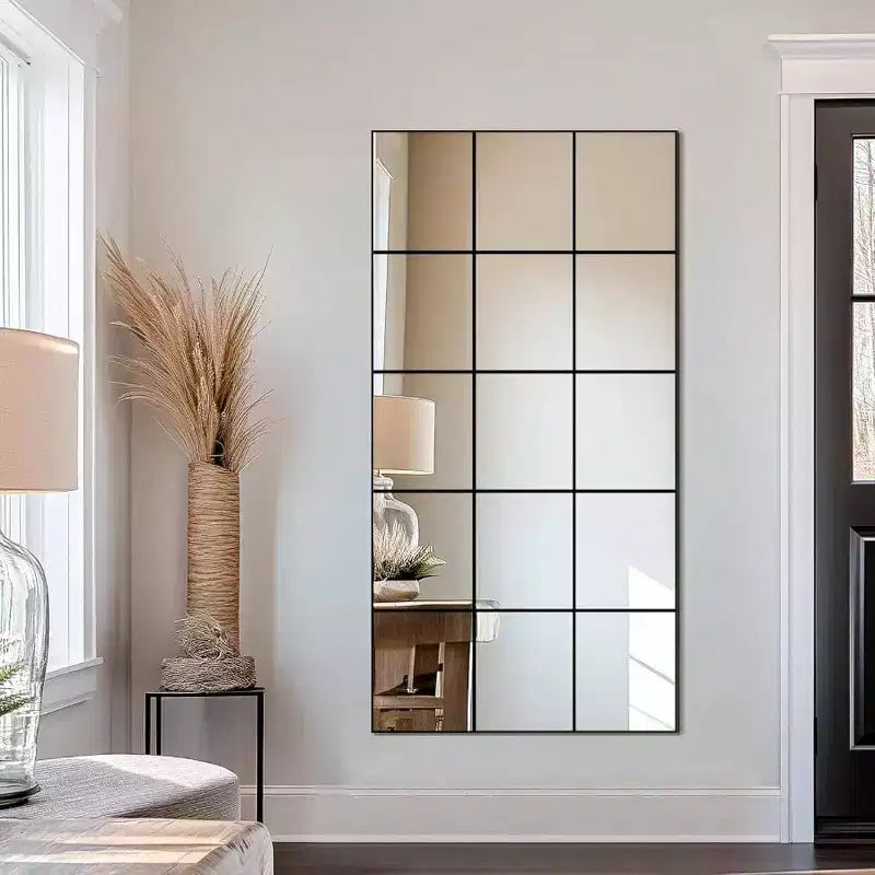 Miroir mural à cadre en métal noir de 71 x 140 cm, style carreaux de fenêtre, pour chambre, salon, entrée