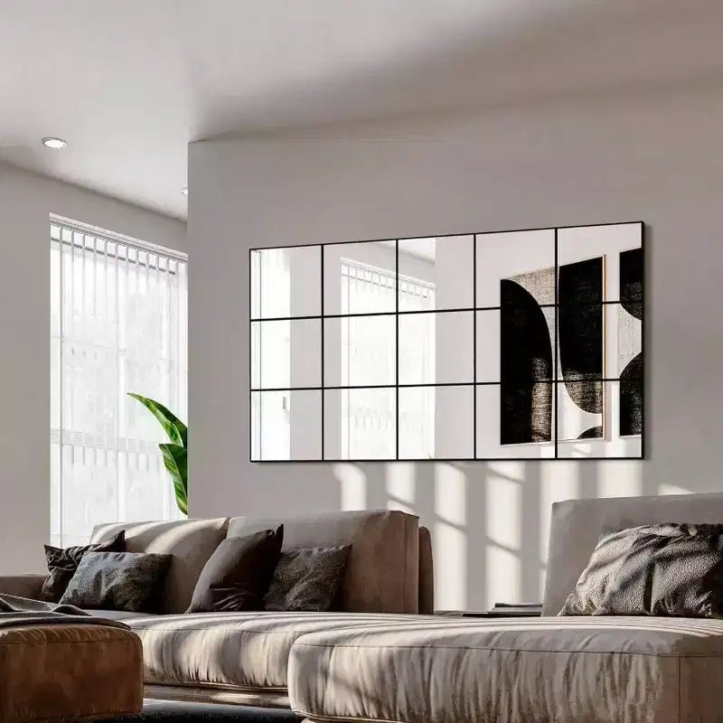 Miroir mural à cadre en métal noir de 71 x 140 cm, style carreaux de fenêtre, pour chambre, salon, entrée