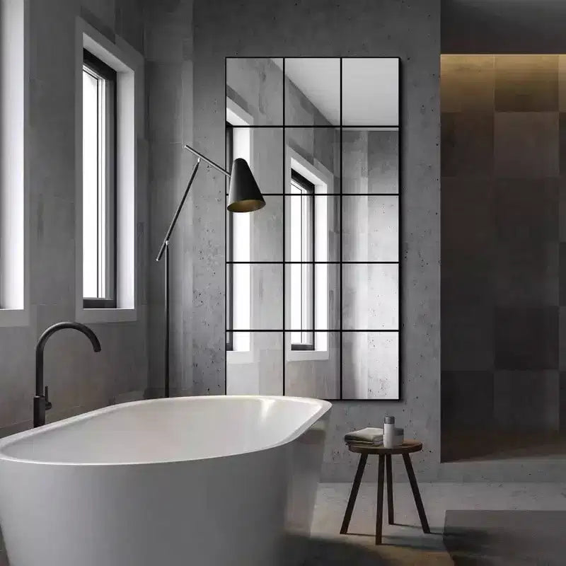 Miroir mural à cadre en métal noir de 71 x 140 cm, style carreaux de fenêtre, pour chambre, salon, entrée