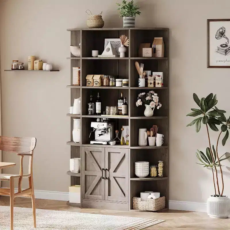 Grande bibliothèque en bois à 6 niveaux de 75 pouces avec meuble de rangement et portes, large étagère de rangement et de présentation grise pour chambre, salon, bureau à domicile