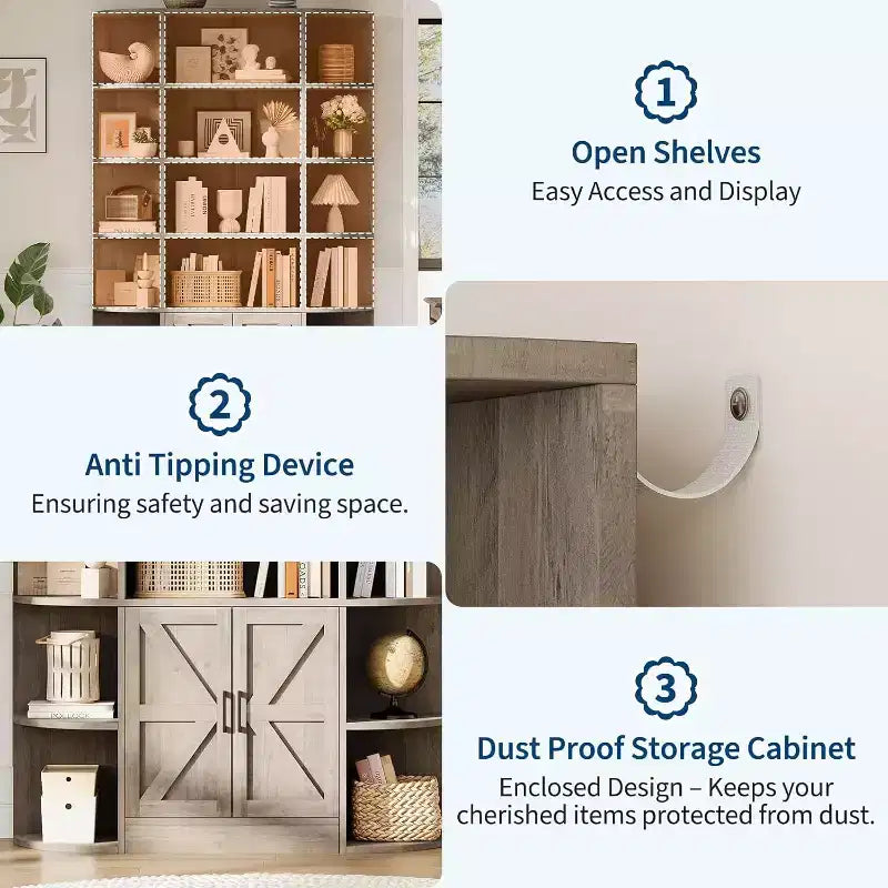 Grande bibliothèque en bois à 6 niveaux de 75 pouces avec meuble de rangement et portes, large étagère de rangement et de présentation grise pour chambre, salon, bureau à domicile