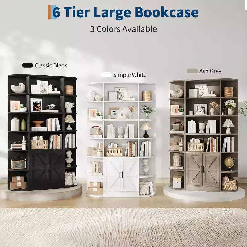 Grande bibliothèque en bois à 6 niveaux de 75 pouces avec meuble de rangement et portes, large étagère de rangement et de présentation grise pour chambre, salon, bureau à domicile