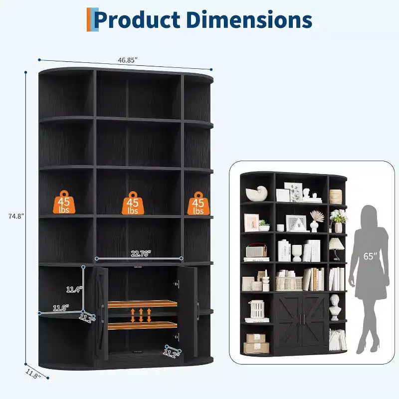 Grande bibliothèque en bois à 6 niveaux de 75 pouces avec meuble de rangement et portes, large étagère de rangement et de présentation grise pour chambre, salon, bureau à domicile