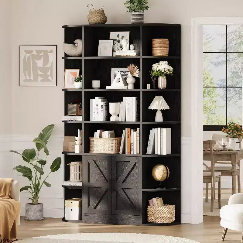 Grande bibliothèque en bois à 6 niveaux de 75 pouces avec meuble de rangement et portes, large étagère de rangement et de présentation grise pour chambre, salon, bureau à domicile
