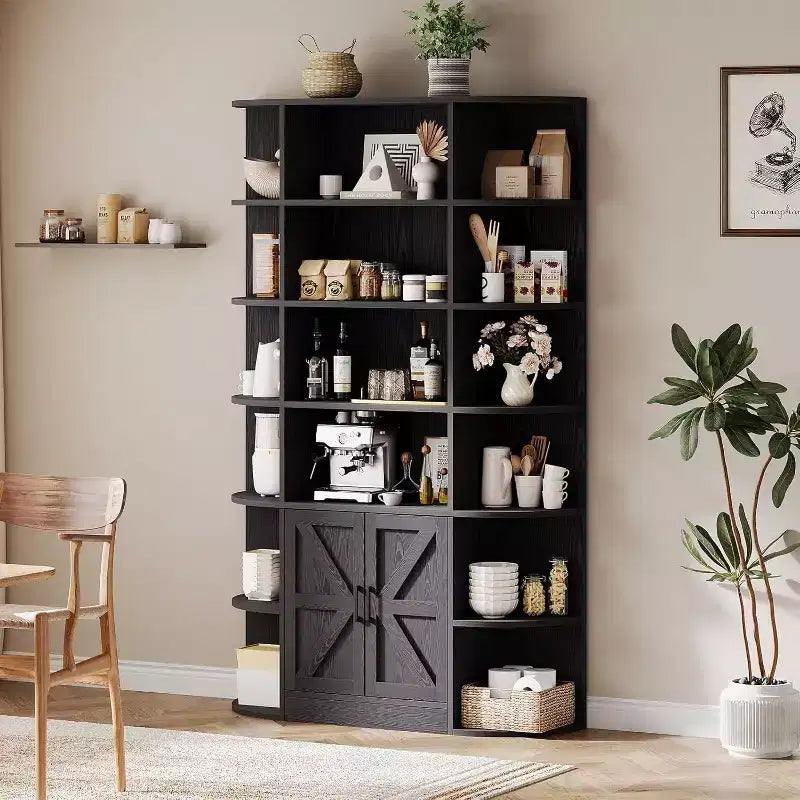 Grande bibliothèque en bois à 6 niveaux de 75 pouces avec meuble de rangement et portes, large étagère de rangement et de présentation grise pour chambre, salon, bureau à domicile
