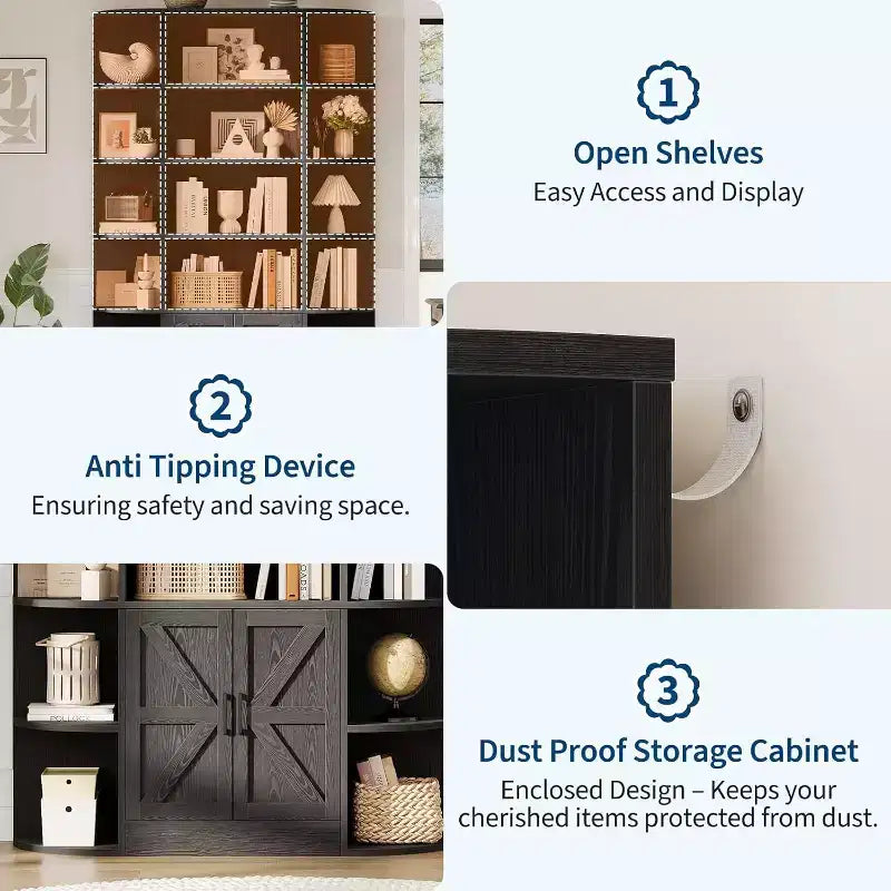 Grande bibliothèque en bois à 6 niveaux de 75 pouces avec meuble de rangement et portes, large étagère de rangement et de présentation grise pour chambre, salon, bureau à domicile
