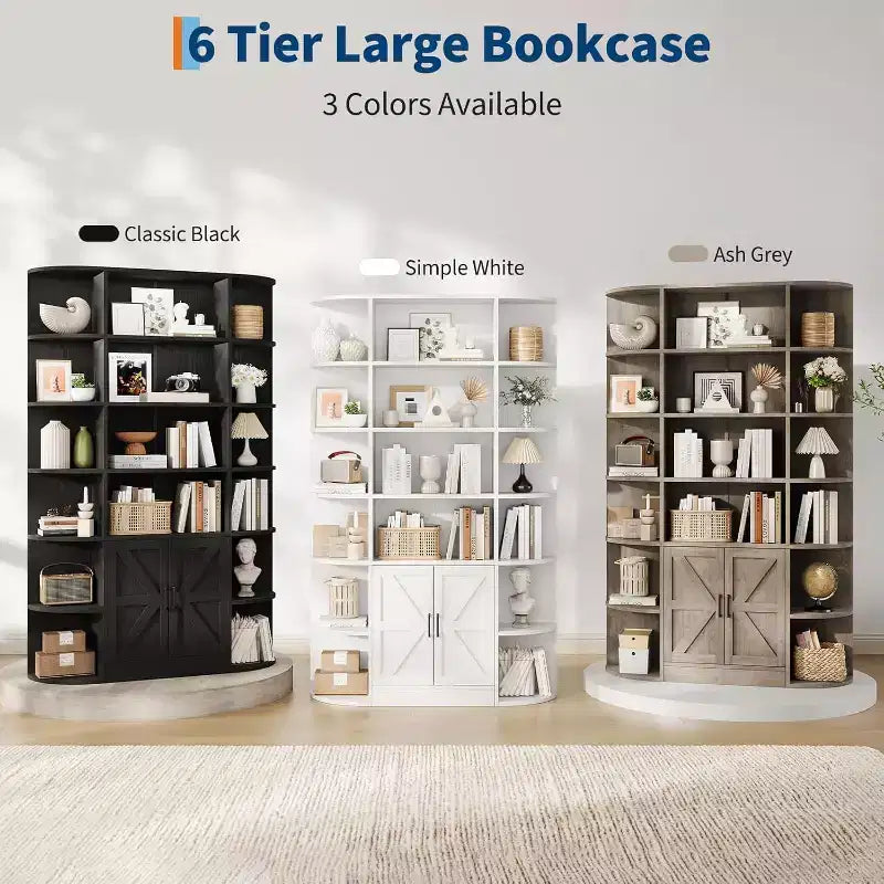 Grande bibliothèque en bois à 6 niveaux de 75 pouces avec meuble de rangement et portes, large étagère de rangement et de présentation grise pour chambre, salon, bureau à domicile