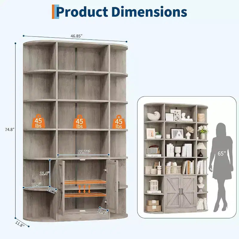 Grande bibliothèque en bois à 6 niveaux de 75 pouces avec meuble de rangement et portes, large étagère de rangement et de présentation grise pour chambre, salon, bureau à domicile