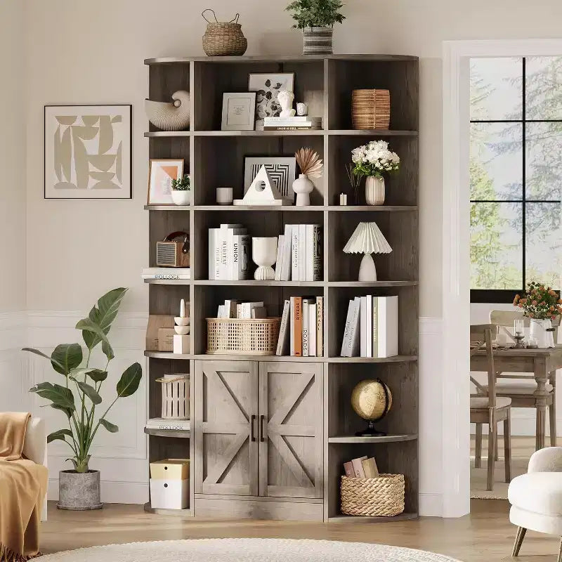Grande bibliothèque en bois à 6 niveaux de 75 pouces avec meuble de rangement et portes, large étagère de rangement et de présentation grise pour chambre, salon, bureau à domicile