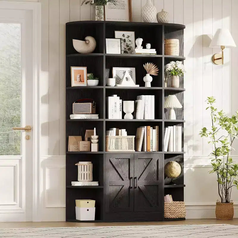 COZONY 75 Tall 6-Tier Wooden Bookshelf with Storage Cabinet & Doors, Grey Wide Organizer and Display Shelf for Bedroom, Living Room, Home Office