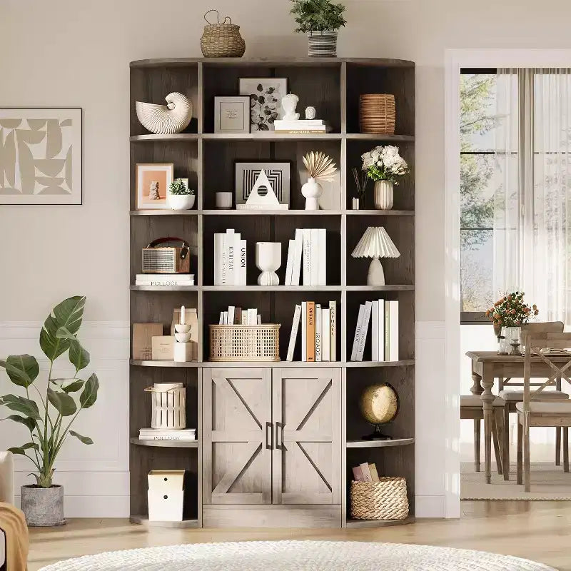 Grande bibliothèque en bois à 6 niveaux de 75 pouces avec meuble de rangement et portes, large étagère de rangement et de présentation grise pour chambre, salon, bureau à domicile