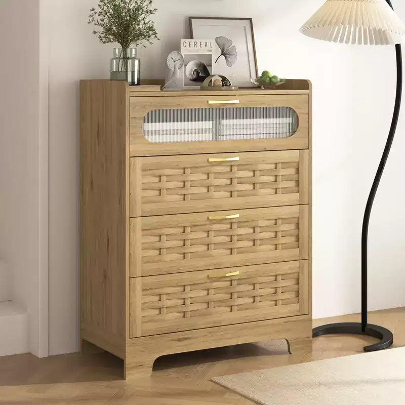 Commode à 4 tiroirs pour chambre à coucher, commode en rotin et bois, commodes hautes et grandes, commode de placard de chambre à coucher, bois